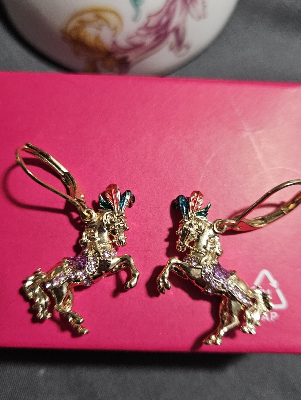 Gold Tone Bling Dangle Carnival Horse Earrings